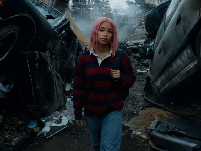 Vídeo: chica de pelo rosa entre coches destrozados